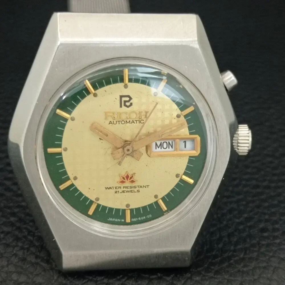 Vintage 1972 Ricoh Automatic Mens Silver Watch W/daydate & Gold accents